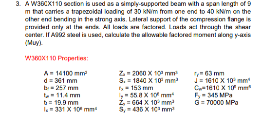 Solved 2 hours exam please answer 3. A W360X110 section is | Chegg.com