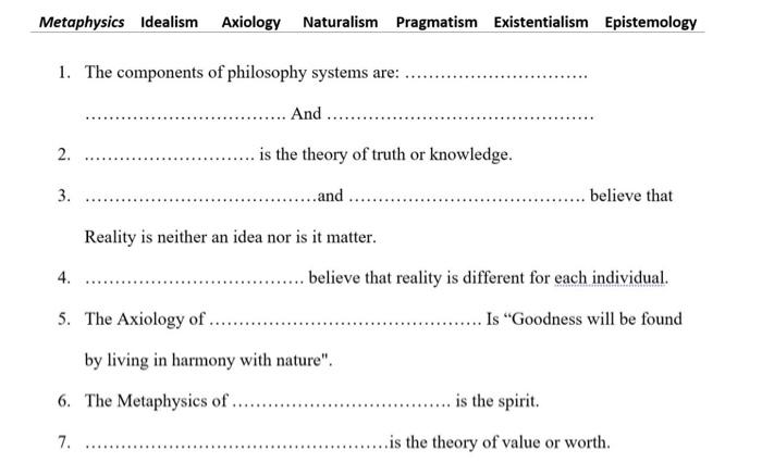 Solved Metaphysics Idealism Axiology Naturalism Pragmatism | Chegg.com