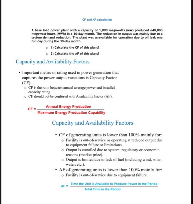 Solved Cf And Af Calculation A Base Load Power Plant With A Chegg Com