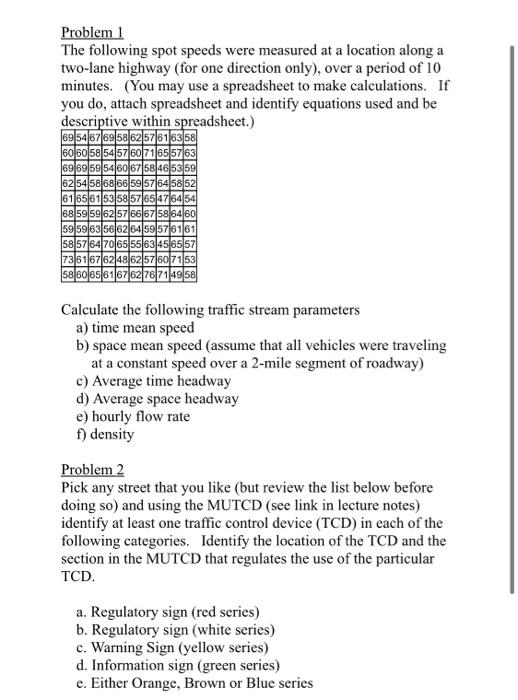 Solved Problem 1 The following spot speeds were measured at | Chegg.com