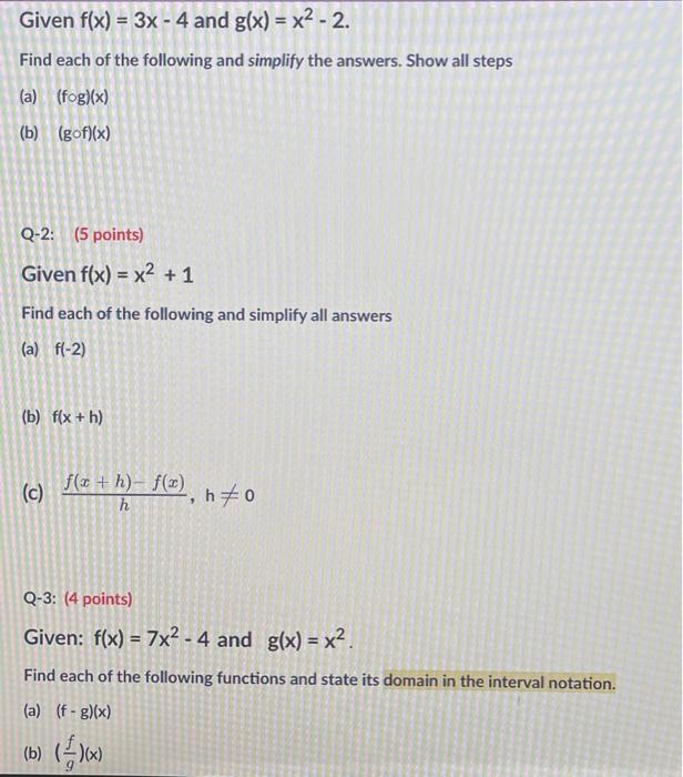 Solved Given F X 3x 4 And G X X² 2 Find Each Of