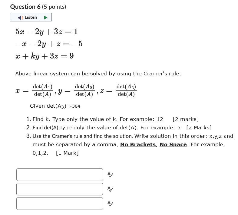 Solved Question 6 5 Points 5x−2y 3z 1−x−2y Z −5x Ky 3z 9