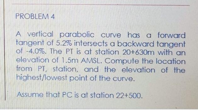 Solved A vertical parabolic curve has a forward tangent of | Chegg.com