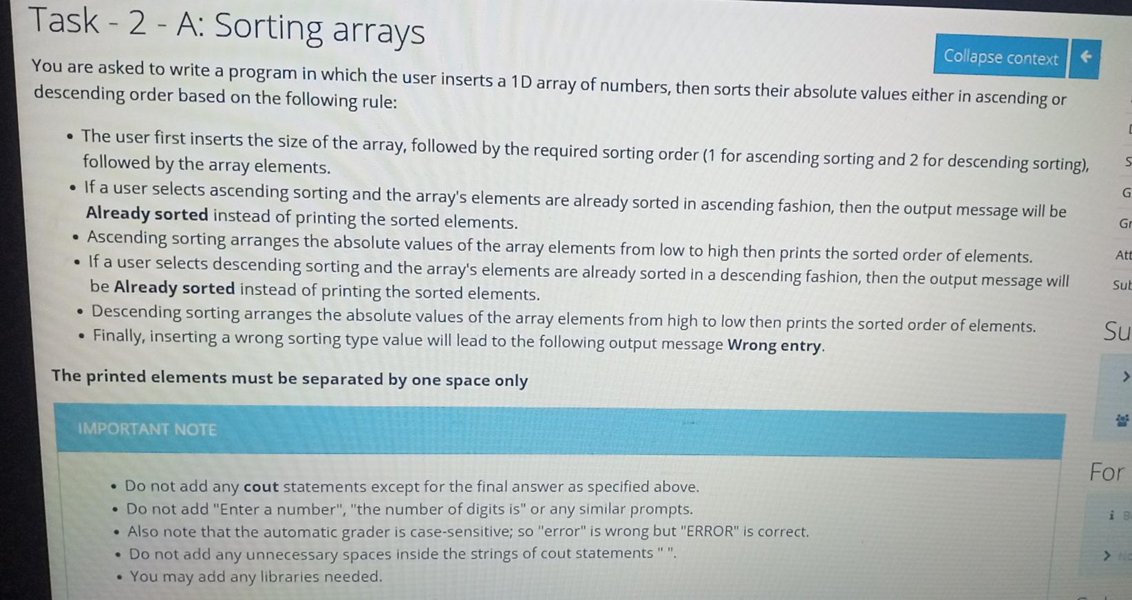 Solved Task - 2 - A: Sorting arrays Collapse context You are | Chegg.com