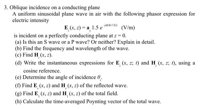 Solved Oblique incidence on a conducting plane A uniform | Chegg.com