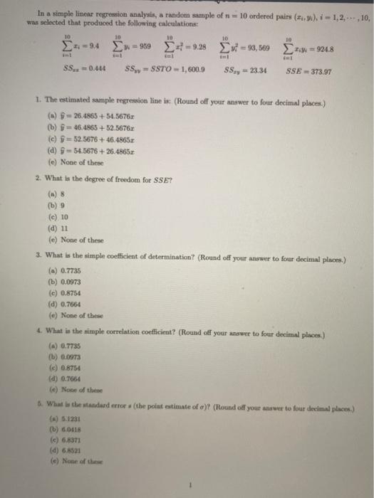 Solved In a simple linear regression analysis, a random | Chegg.com