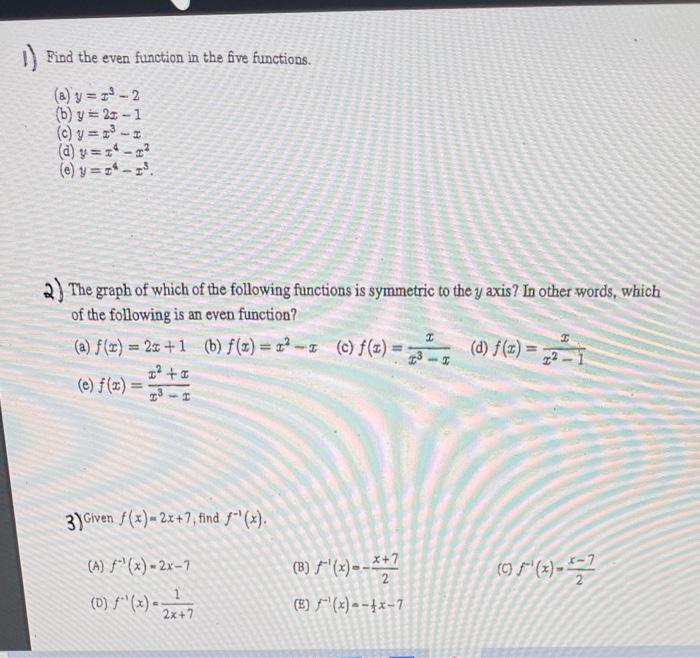 Solved 1) Find the even function in the five functions. () y | Chegg.com