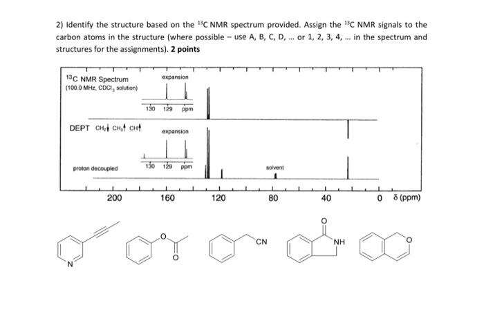 2) Identify the structure based on the \( { }^{13} \mathrm{C} \) NMR spectrum provided. Assign the \( { }^{13} \mathrm{C} \)