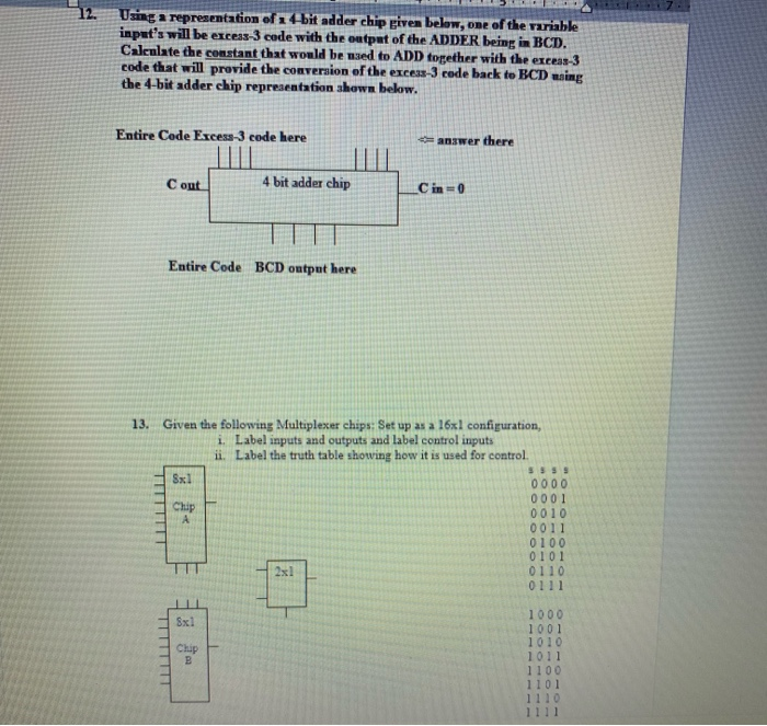 Using a representation of a bit adder chip given below, one of the variable inputs will be excess-3 code with the output of