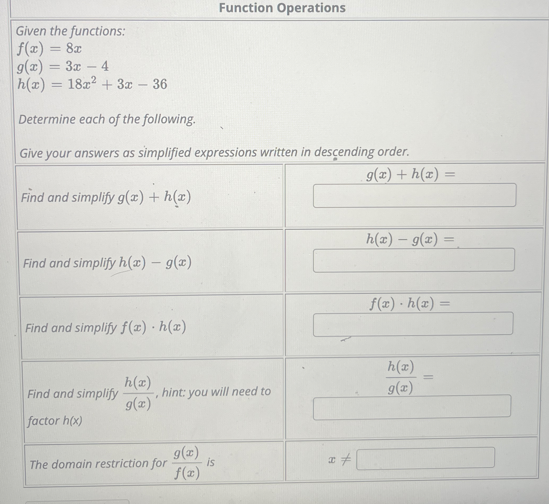 Solved Function OperationsGiven the | Chegg.com