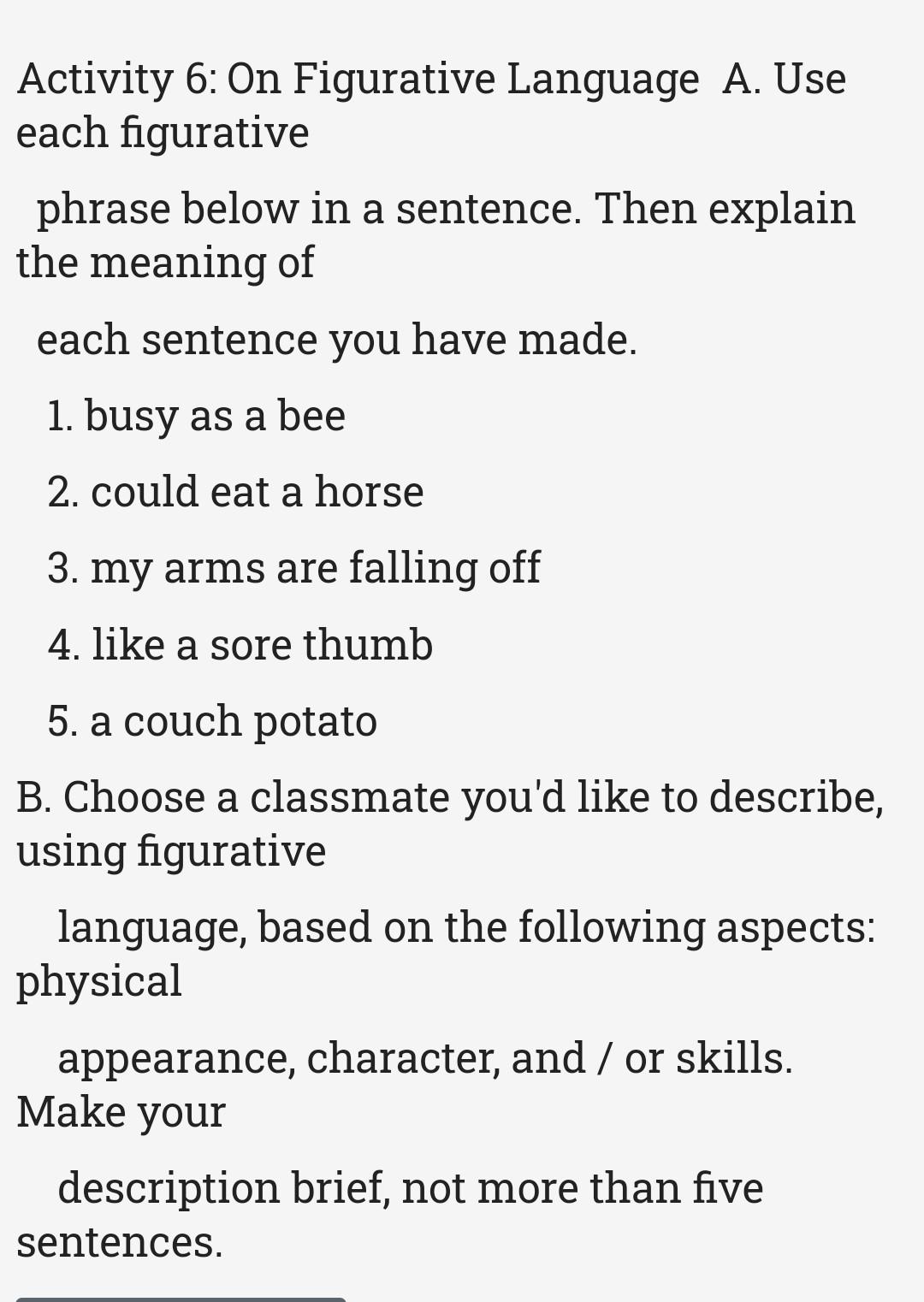 Solved Activity 6: On Figurative Language A. Use each | Chegg.com