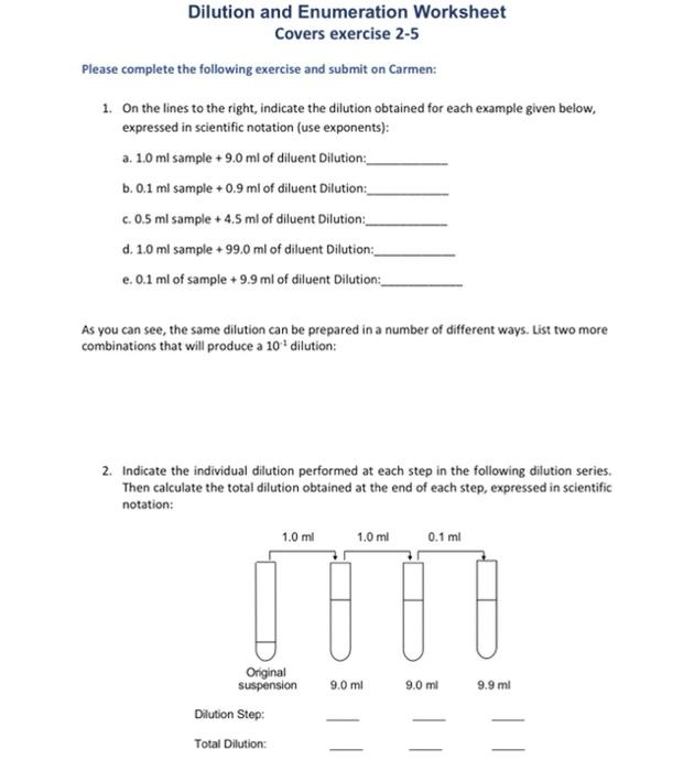 Solved Dilution and Enumeration Worksheet Covers exercise