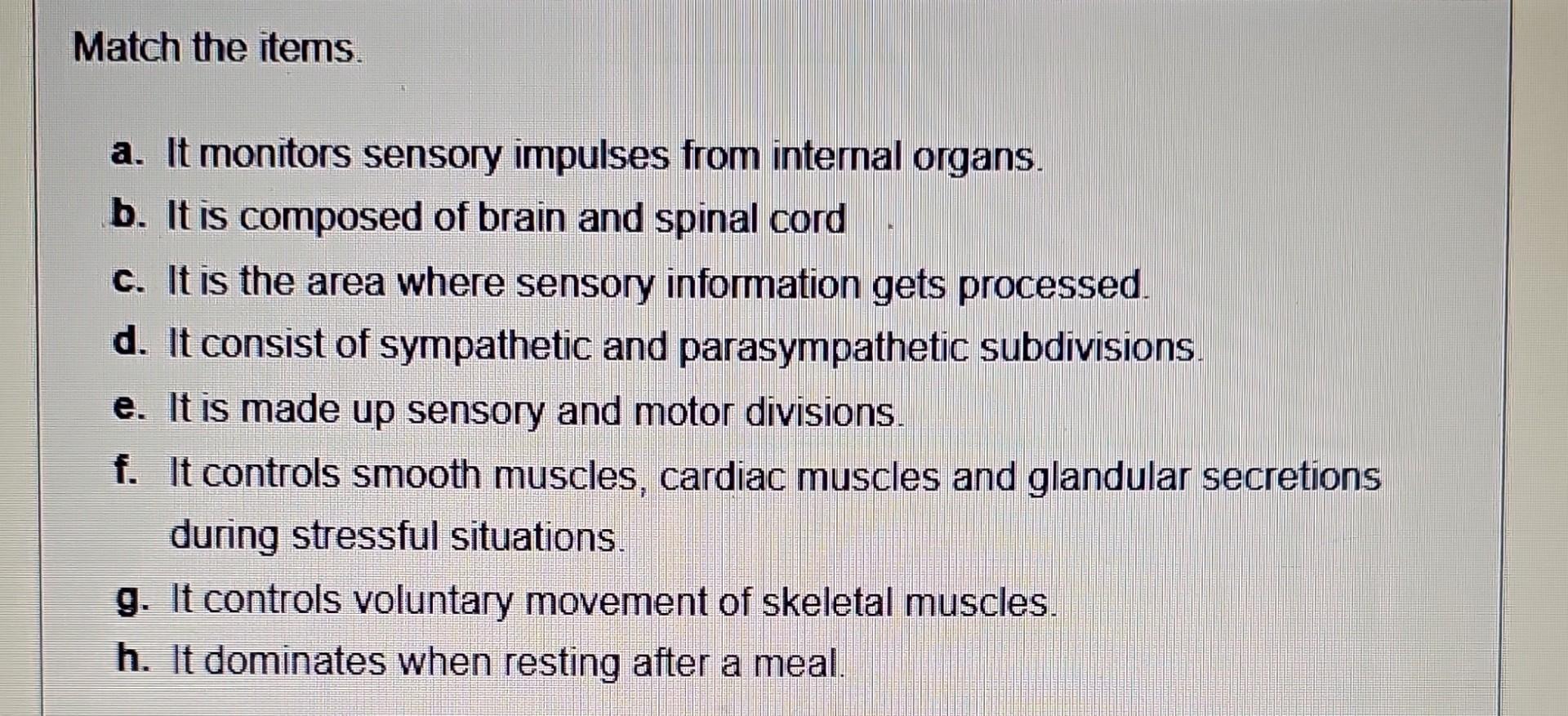 Solved Match the items. a. It monitors sensory impulses from