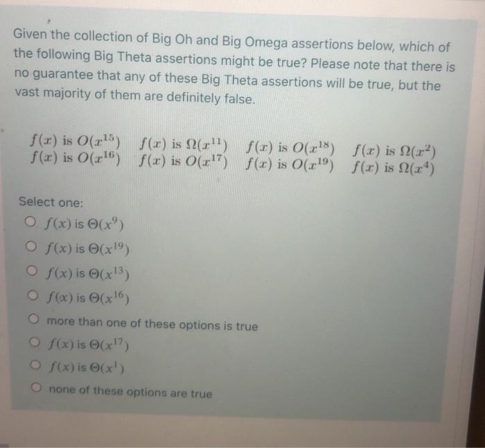 Solved Given the collection of Big Oh and Big Omega | Chegg.com
