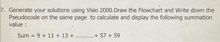 Generate your solutions using Visio 2000. Draw the Flowchart and Write down the Pseudocode on the same page to calculate and