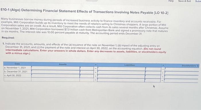 Solved E10-1 (Algo) Determining Financial Statement Effects | Chegg.com
