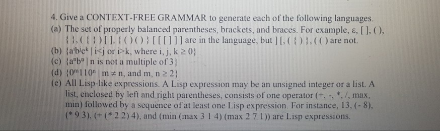 Solved 4. Give a CONTEXT-FREE GRAMMAR to generate each of | Chegg.com