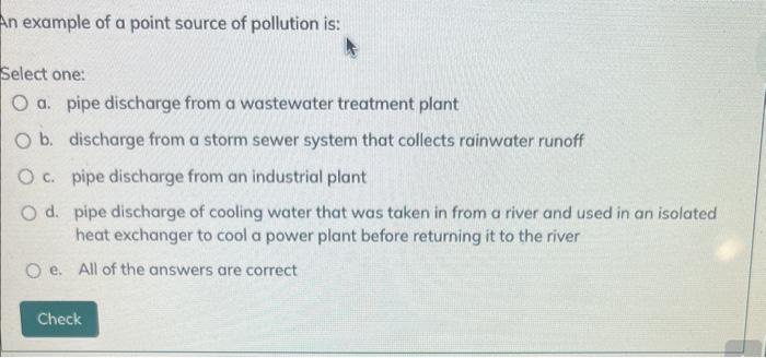 Solved An example of a point source of pollution is: Select | Chegg.com