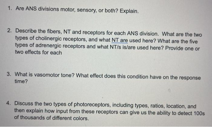 1. Are ANS divisions motor, sensory, or both? Explain. 2. Describe the fibers, NT and receptors for each ANS division. What a