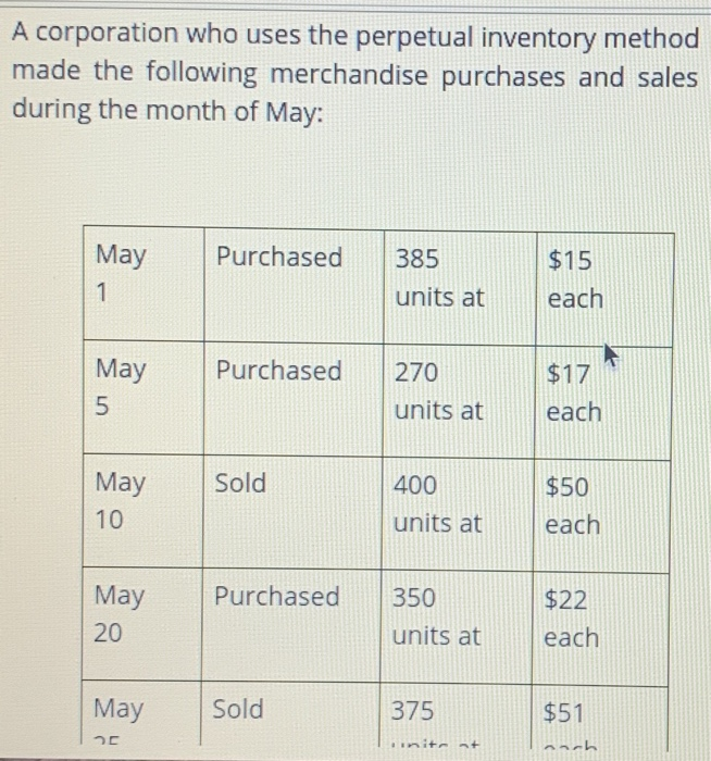 Solved A Corporation Who Uses The Perpetual Inventory Method | Chegg.com