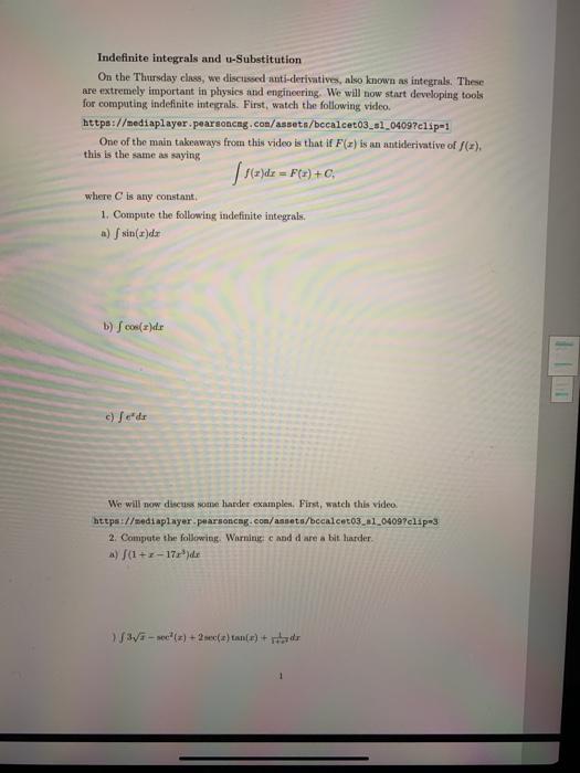 Solved Indefinite integrals and u-Substitution On the | Chegg.com