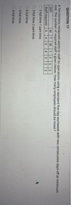 Solved QUESTION 17 A Tim Hortons restaurant wants to staff | Chegg.com