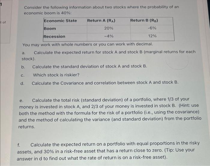 Solved Consider The Following Information About Two Stocks | Chegg.com