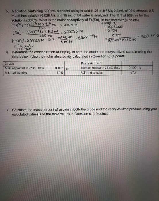 Solved 7. Calculate the mass percent of aspirin in both the
