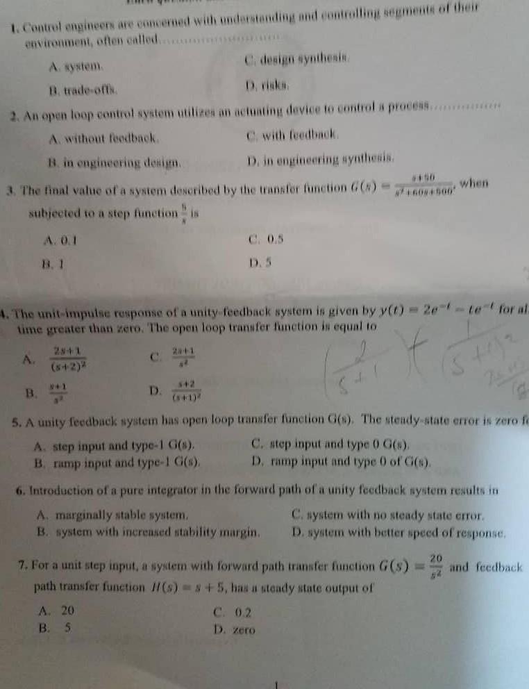 Solved 1. Control engineers are concerned with understanding | Chegg.com