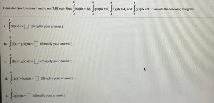 Solved Consider two functions f and g on [3,8] such that | Chegg.com
