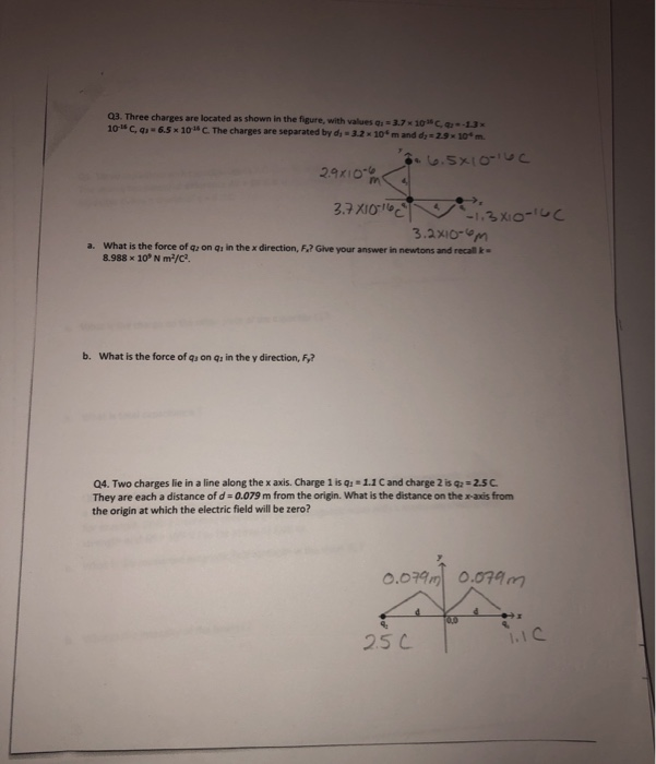 Solved Q3. Three charges are located as shown in the figure, | Chegg.com