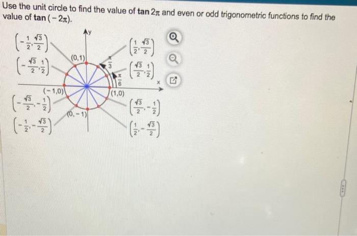 Jse the unit circle to find the value of \( \tan 2 \pi \) and even or odd trigonometric functions to find the value of \( \ta