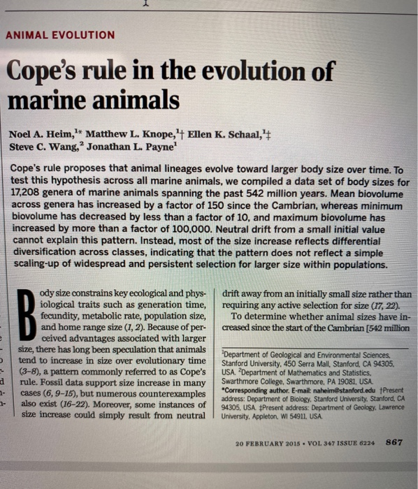 Solved ANIMAL EVOLUTION Cope's Rule In The Evolution Of | Chegg.com