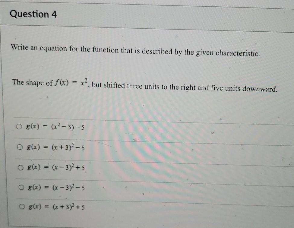 Solved Question 4 Write an equation for the function that is | Chegg.com