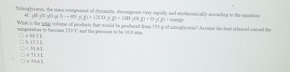 Solved Nitroglycerin, the main component of dynamite, | Chegg.com
