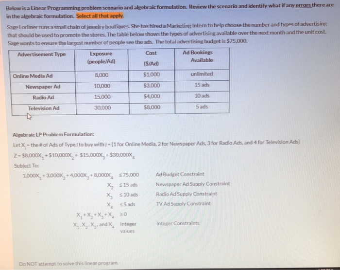 Solved Below is a Linear Programming problem scenario and | Chegg.com