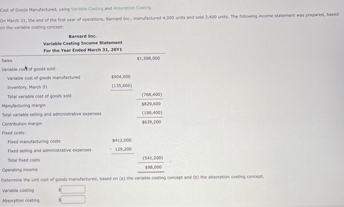 Solved Cost of Goods Manufactured, using Variable Costing | Chegg.com