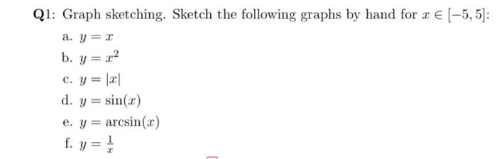 Q1: Graph sketching. Sketch the following graphs by hand for \( x \in[-5,5] \) : a. \( y=x \) b. \( y=x^{2} \) c. \( y=|x| \)