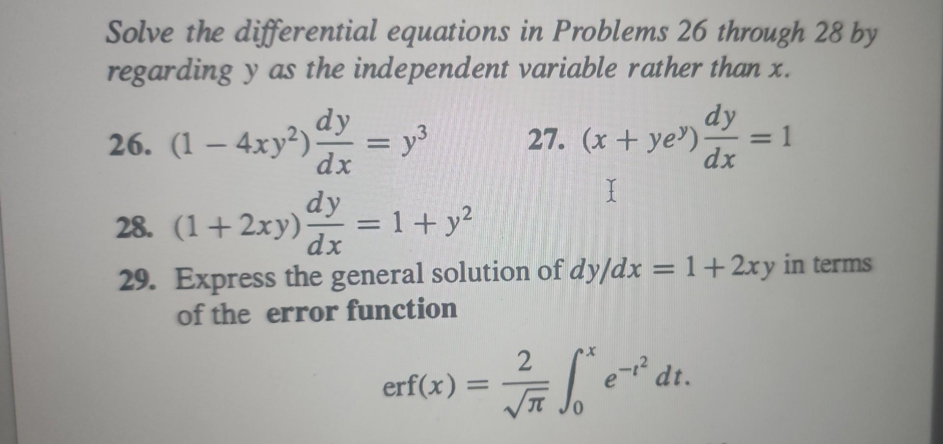 Solved Solve the differential equations in Problems 26 | Chegg.com