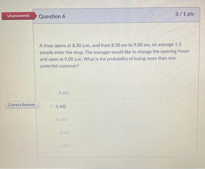 Solved Unanswered Question 6 0 / 1 pts A shop opens at 8.30 | Chegg.com