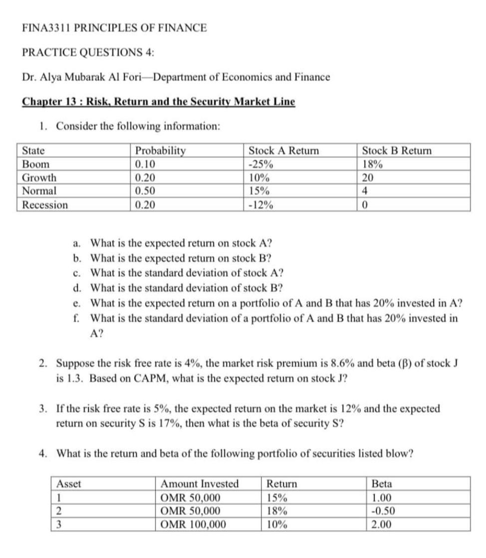 Solved FINA3311 PRINCIPLES OF FINANCE PRACTICE QUESTIONS 4: | Chegg.com