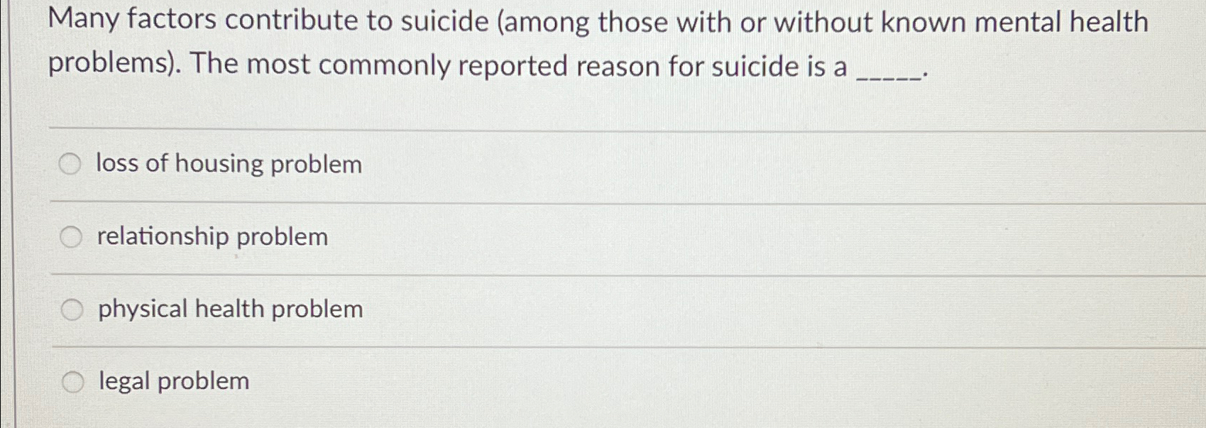 Solved Many factors contribute to suicide (among those with | Chegg.com