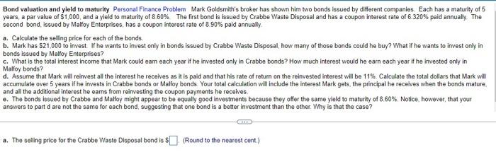 Solved Bond Valuation And Yield To Maturity Personal Finance | Chegg.com