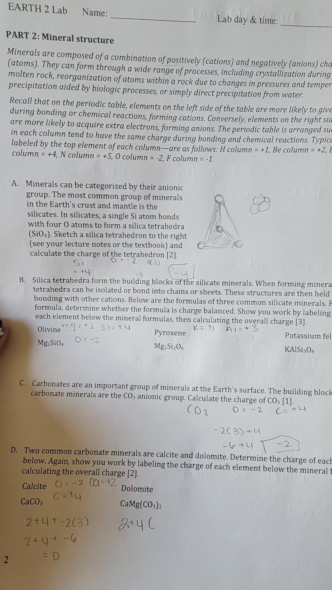 Solved EARTH 2 Lab Name: Lab day & time: PART 2: Mineral | Chegg.com