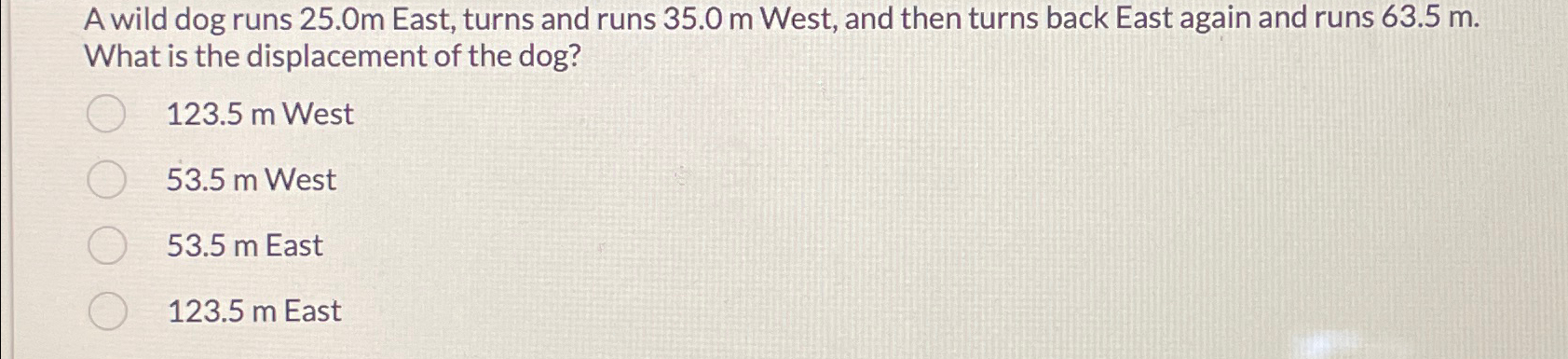 Solved A wild dog runs 25.0m ﻿East, turns and runs 35.0m | Chegg.com
