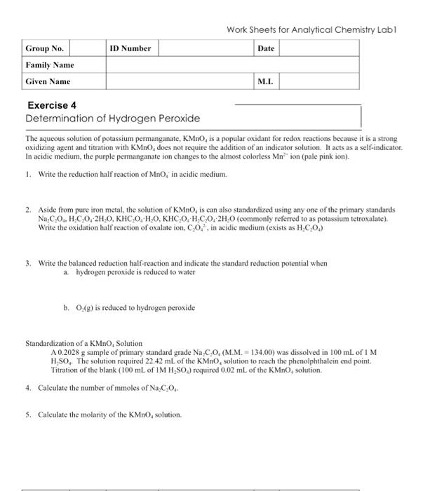 Solved Work Sheets For Analytical Chemistry Labl Exercise 4 