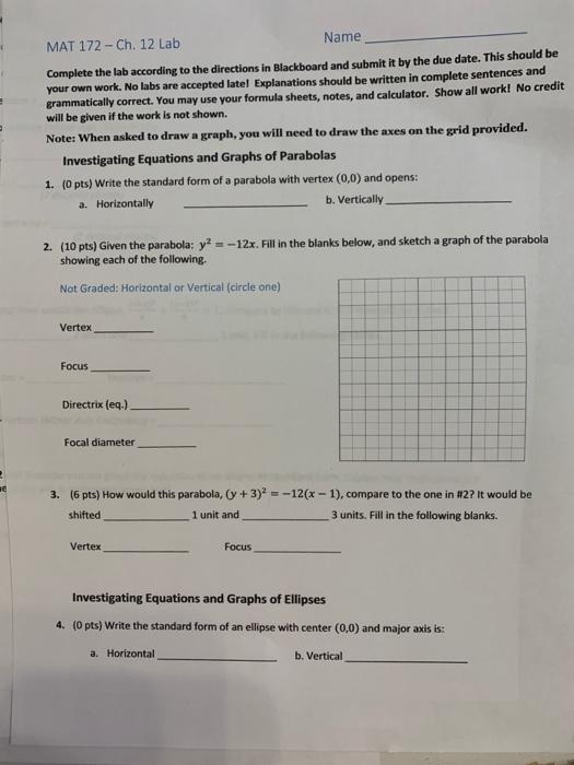 Solved MAT 172 -- Ch. 12 Lab Name Complete the lab according | Chegg.com