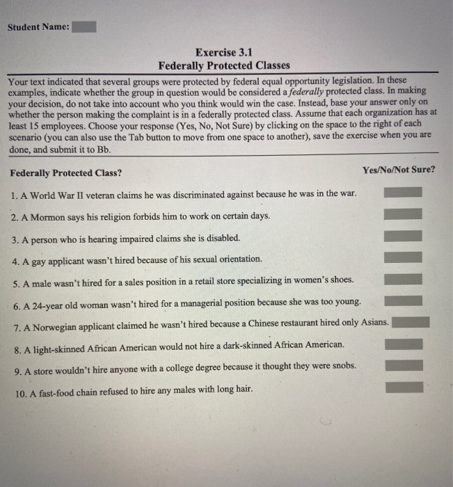 Student Name Exercise 3.1 Federally Protected