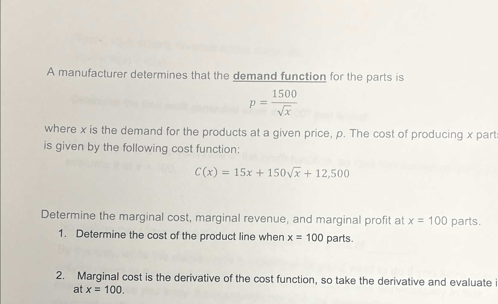 Solved A manufacturer determines that the demand function | Chegg.com