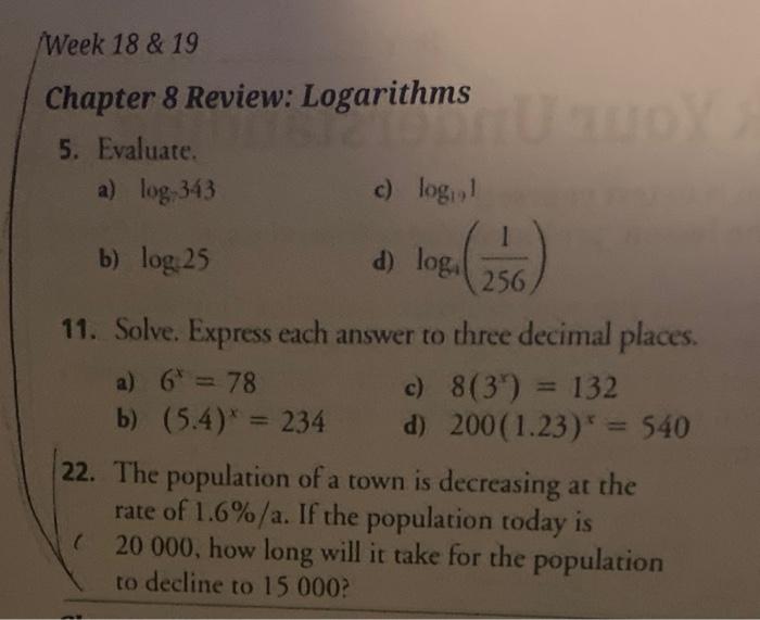 Solved Chapter 8 Review: Logarithms 5. Evaluate. a) log3343 | Chegg.com